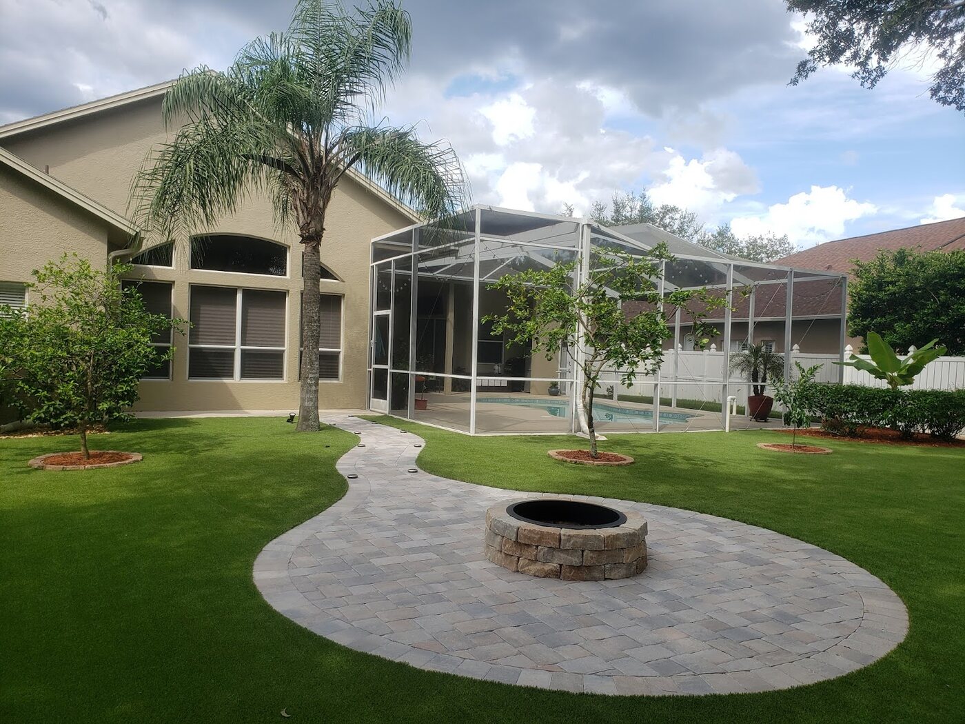 Casanova paver walkway, artificial turf and fire pit project, Tampa